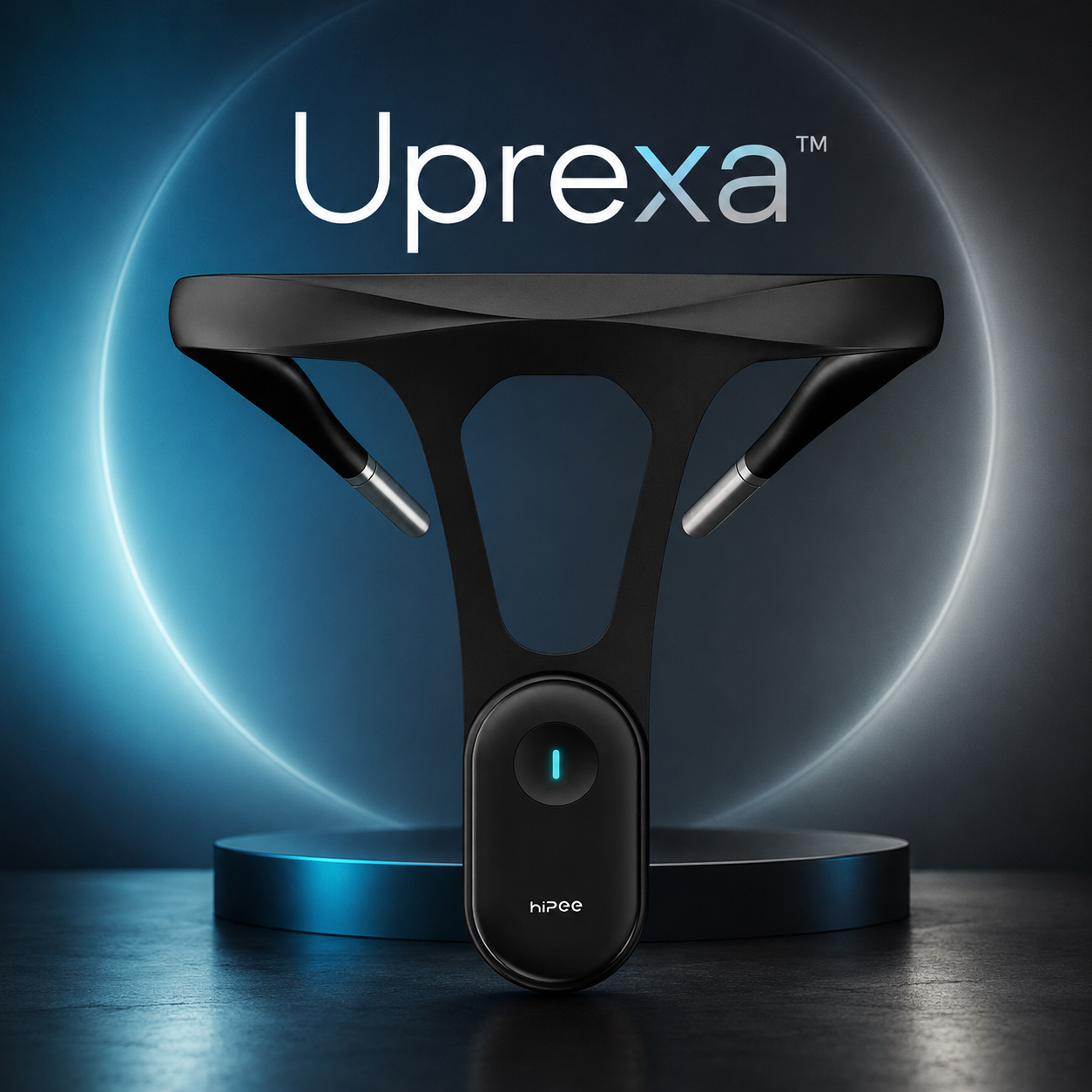 Uprexa smart posture trainer in Obsidian Black on a lit pedestal