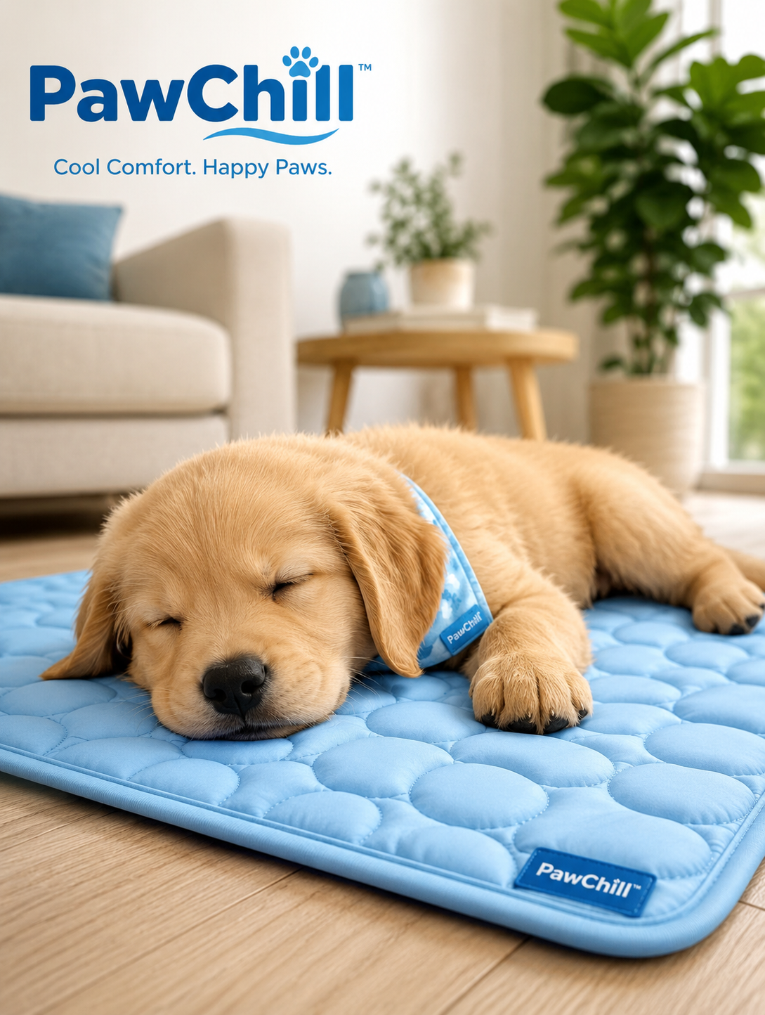 Golden retriever puppy asleep on a light blue PawChill Cooling Mat