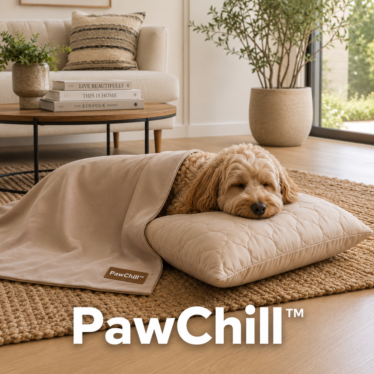 PawChill Cooling Mat and cooling pillow in Sand with a dog resting on it