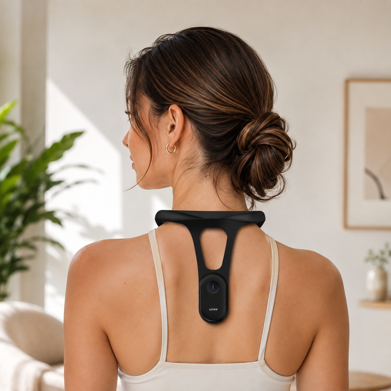 Woman wearing the Uprexa posture trainer at a desk
